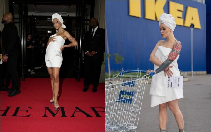 Nell'immagine a sinistra la cantante Doja Cat al Met Gala 2024 con l'abito asciugamano griffato Vetements e a destra una modella della campagna di instant marketing di IKEA - Smart Marketing