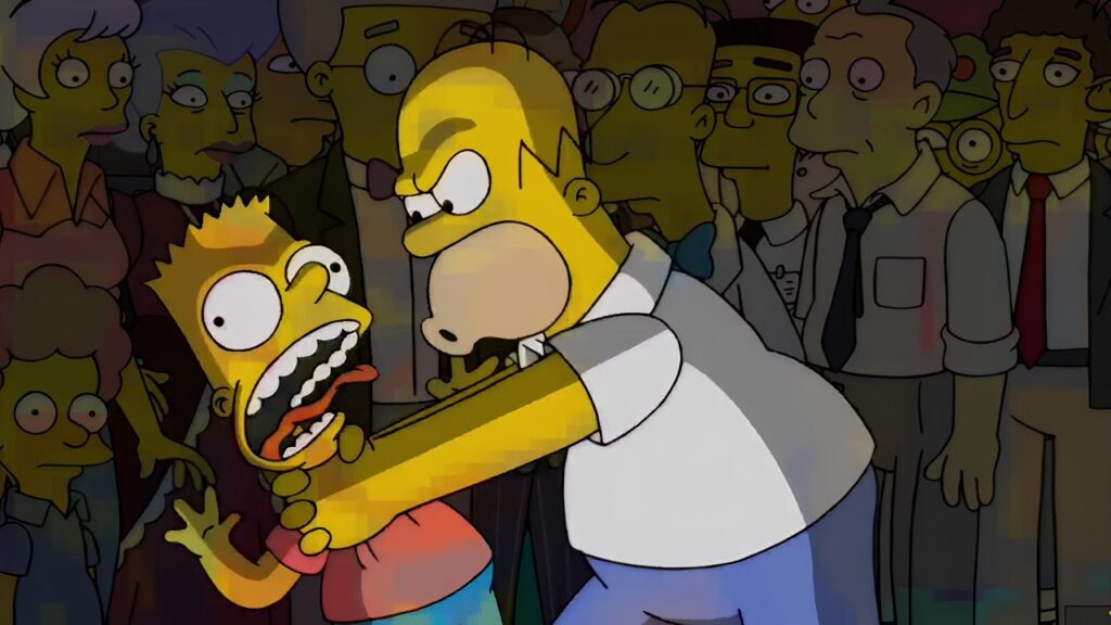 Nell'immagine una scena del primo episodio dell 36° stagione dei Simpson con Homer che strangola Bart - Smart Marketing